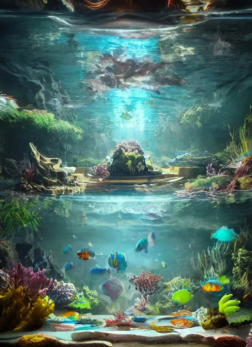 Image similar to people observing lots of beautiful fish in an underground aquarium corridor, in the style of turine tran, fantasy art, ray tracing, water droplets, highly detailed, artstation trend, highly detailed and intricate, sharp focus, photography, unreal engine 5