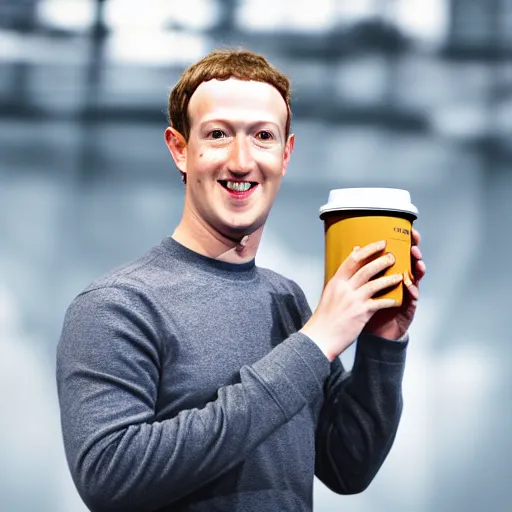 Image similar to Mark Zuckerberg as a holding a cup coaster EOS-1D, f/1.4, ISO 200, 1/160s, 8K, RAW, unedited, symmetrical balance, in-frame, Photoshop, Nvidia, Topaz AI