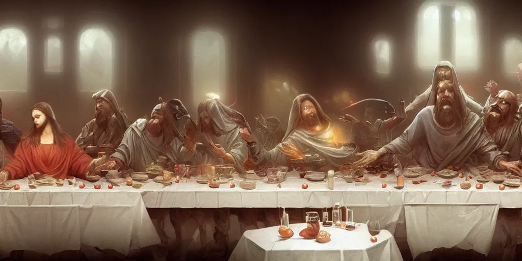 Prompt: the last supper of robots. highly detailed, digital painting, artstation, concept art, smooth, sharp focus, illustration, art by pascal blanche and greg rutkowski and alan blackwell and sylvian boussiron