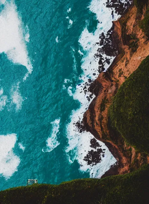 Prompt: a view of the ocean from a cliff, a tilt shift photo by liam wong, unsplash, naturalism, cinematic view, terragen, shot on 7 0 mm