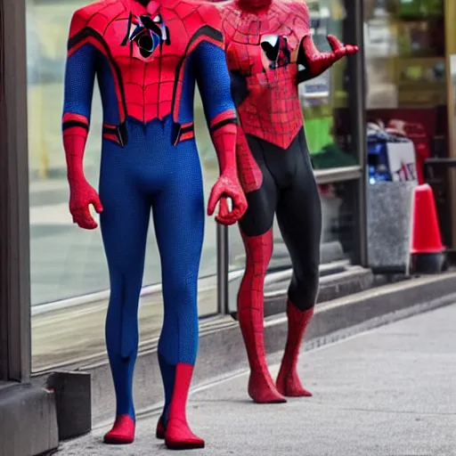 Image similar to Spider-Man & Knuckles ordering a large bucket of KFC chicken at Starbucks