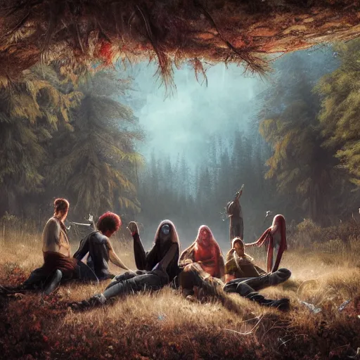 Prompt: close group portrait of vampires chilling at the forest smoking weed, realistic digital art 4 k, high quality, greg rutkowski, zabrocki, karlkka, jayison devadas, phuoc quan, trending on artstation, 8 k, ultra wide angle, zenith view, pincushion lens effect