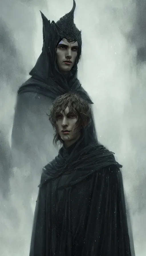 Prompt: Portrait of an elven man wearing a black cloak, male, detailed face, fantasy, highly detailed, cinematic lighting, digital art painting by greg rutkowski