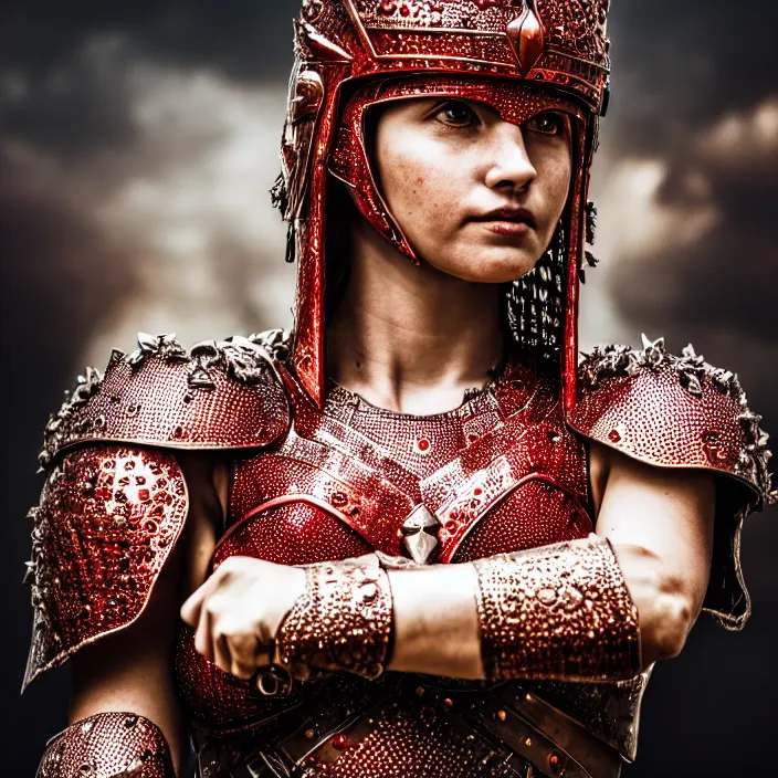 Image similar to photo of a beautiful strong warrior queen wearing ruby encrusted armour, highly detailed, 4 k, hdr, smooth, sharp focus, high resolution, award - winning photo