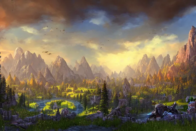 Prompt: world of warcraft environment with trees and a platform in the center, rocky mountains and a river, horses in the foreground, beautiful, concept