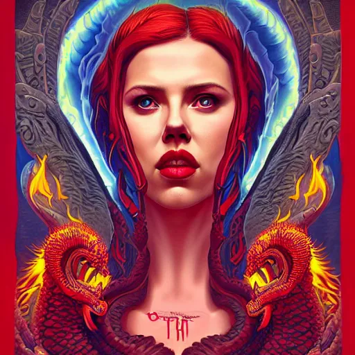 Prompt: demonic hell doom portrait of scarlett johansson as queen of hell, fire and flame, big long hell serpent dragon octopus, Pixar style, by Tristan Eaton Stanley Artgerm and Tom Bagshaw.