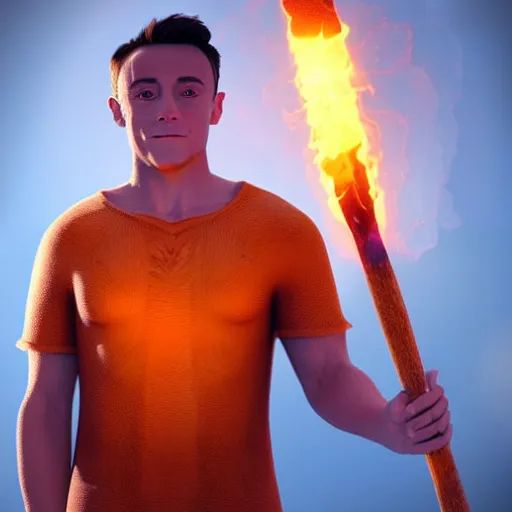 Prompt: Tom Daley wearing a monks tunic holding a glowing fire magical staff. Trending on Artstation, octane render, ultra detailed, art by Ross tran