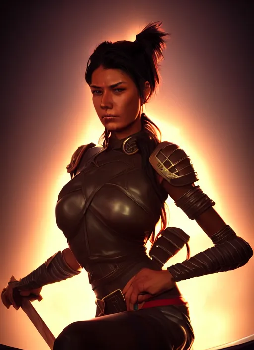 Image similar to An epic fantasy comic book style portrait painting of a tan woman with black hair in a pony tail and serious eyes sitting on a large chair, unreal 5, DAZ, hyperrealistic, octane render, cosplay, RPG portrait, dynamic lighting