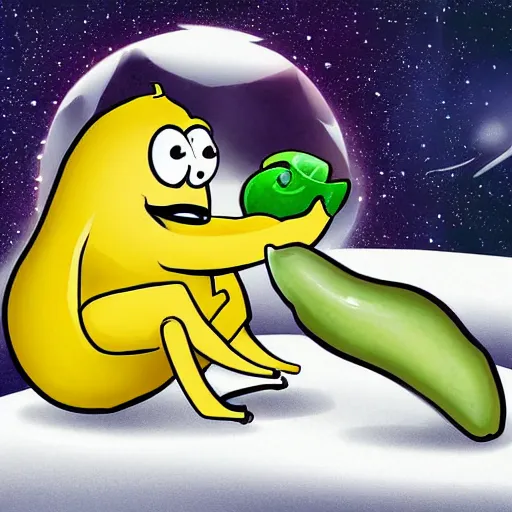 Prompt: Cartoon art of a hungry banana eyes and mouth eating a pickle on remote planet, digital art, realistic,