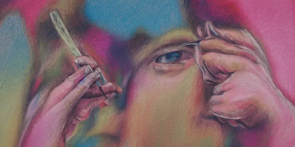 Image similar to pastel abstract painting of a man removing a nail from his third eye