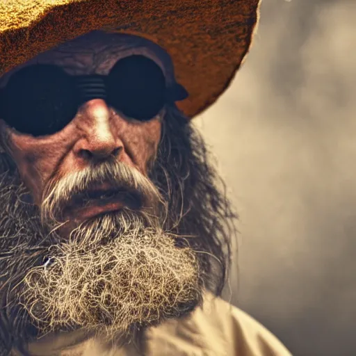 Image similar to a hermit with an eyepatch and a wooden cane, high resolution film still, 8k, HDR color