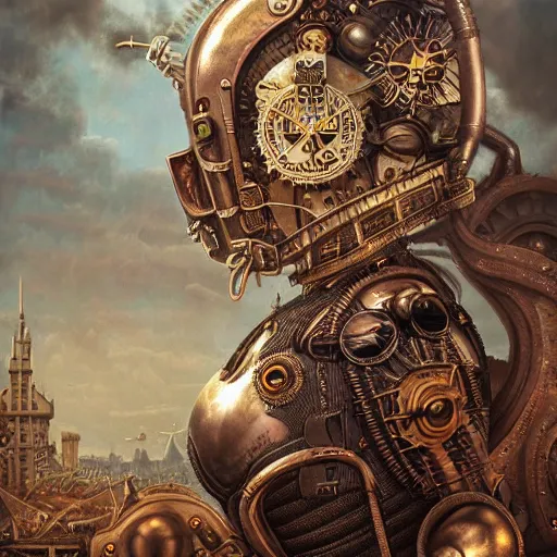 Image similar to dan mumford tom bagshaw, dream world curiosities carnival flying, photorealistic octane render poster of a single very beautiful helmet full long steampunk metallic armored ornate thicc female, accurate features, focus, very intricate ultrafine details, award winning masterpiece, steampunk world spikes