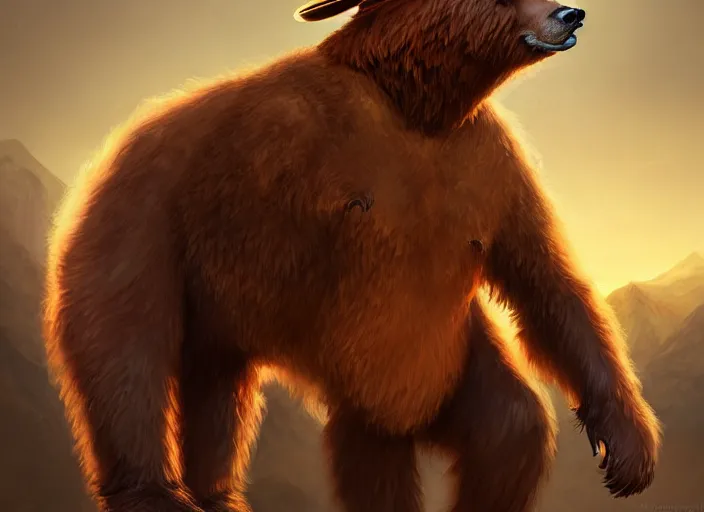 Image similar to character portrait feature of the anthro male anthropomorphic kamchatka brown bear fursona wearing cowboy outfit wild west desperado character design stylized by charlie bowater, ross tran, artgerm, and makoto shinkai, detailed, soft lighting, rendered in octane