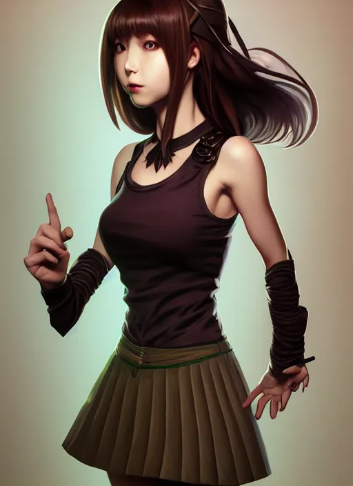 Image similar to portrait of a full body of beautiful young female detective, d & d, sleeveless turtleneck, pleated skirt, fantasy, flat lighting, intricate, highly detailed, digital painting, artstation, concept art, smooth, sharp focus, illustration, misa amane, art by simon bisley and greg rutkowski and alphonse mucha, natural tpose