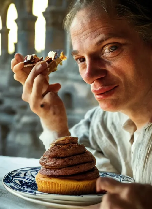 Image similar to closeup portrait of a medieval goblin eating cakes in the cloisters, depth of field, zeiss lens, detailed, symmetrical, centered, fashion photoshoot, by Annie Leibovitz and Steve McCurry, David Lazar, Jimmy Nelsson, Breathtaking, 8k resolution, extremely detailed, beautiful, establishing shot, artistic, hyperrealistic, beautiful face, octane render