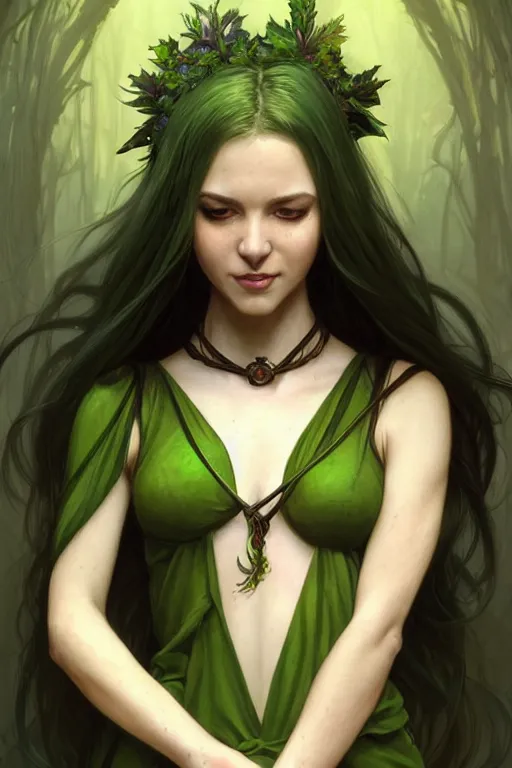 Image similar to Portrait of seductive female druid, D&D, revealing green stylish dress, choker on neck, very long flowing hair, mouth slightly open, cute slightly nerdy smile, fantasy, intricate, elegant, stylish, highly detailed, digital painting, artstation, concept art, smooth, sharp focus, illustration, art by artgerm and greg rutkowski and alphonse mucha