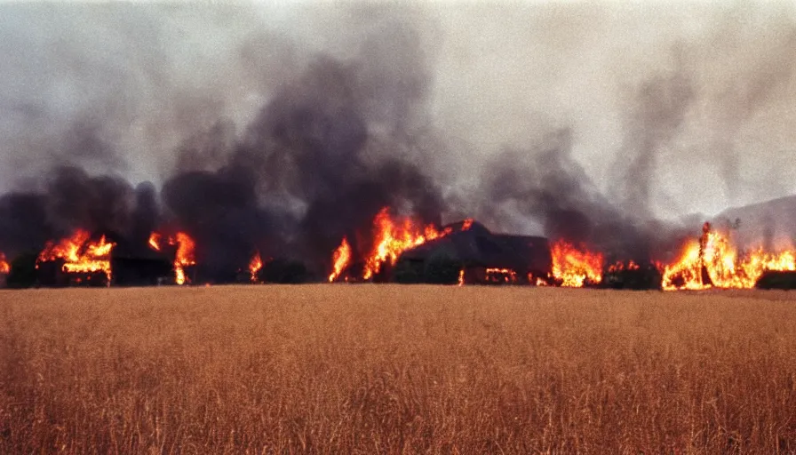 Image similar to 1 9 7 0 s movie still of a burning french village's house in a field, cinestill 8 0 0 t 3 5 mm, high quality, heavy grain, high detail, texture, dramatic light, ultra wide lens, panoramic anamorphic, hyperrealistic