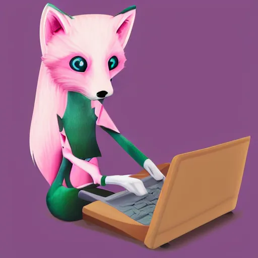 Prompt: Vixus is a light-pink anthropomorphic fox with purple hair and pierced ears. She is hacking a computer. A cup of steaming coffee sits on her desk. Side perspective. Digital art.