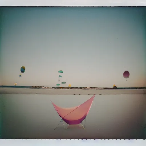 Image similar to a pastel colour high fidelity wide angle Polaroid art photo from a holiday album at a seaside with abstract inflatable parachute furniture, all objects made of transparent iridescent Perspex and metallic silver, a festival happens far in the distance, iridescence, nostalgic