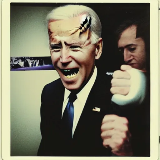 Image similar to polaroid of joe biden punching camera, enraged, angry, gritting teeth, spit flying, blurry, motion blur