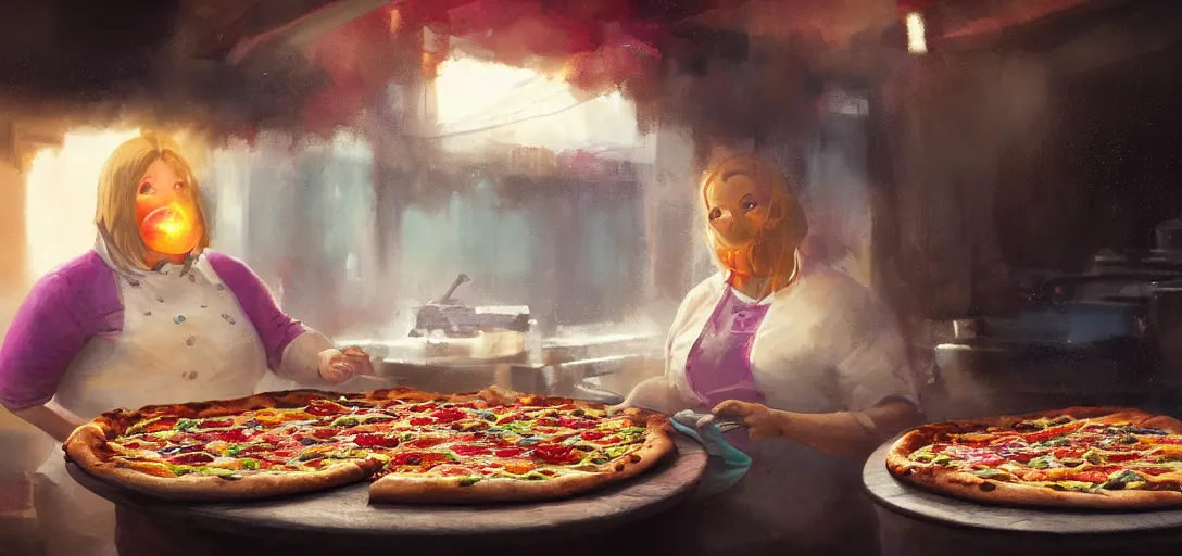 Image similar to a chubby female chef experimenting on a pizza, happy, mysterious, fog, magical, colorful, 8k, james gurney, greg rutkowski, john howe, artstation