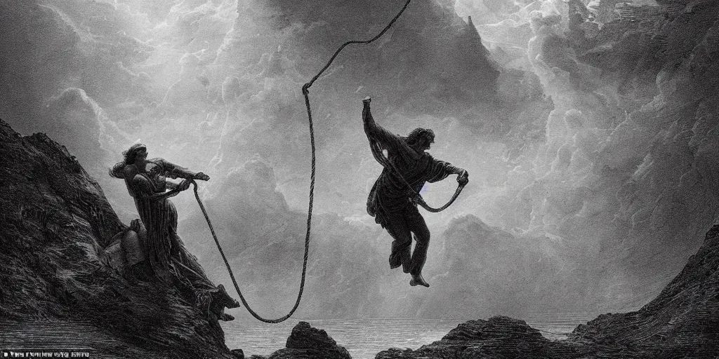 Prompt: dramatic, dynamic angle, cinematic lighting, hyperdetailed, Cinematic concept Art for film directed by Terrence Malick as he struggles to pull on rope, in the style of Gustave Doré