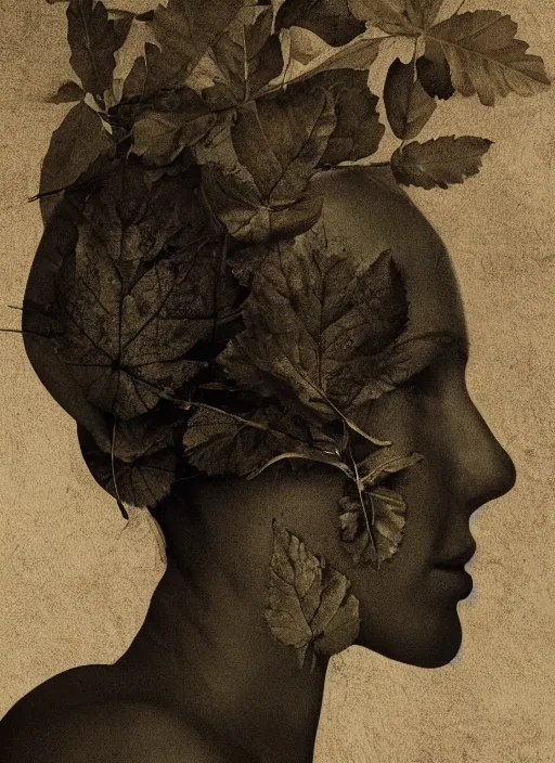 Prompt: a womans face in profile made of leaf skeleton in the style of the Dutch masters and Gregory Crewdson dark and moody