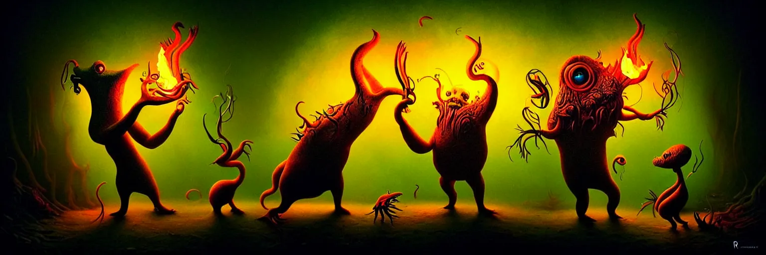 Image similar to whimsical creature freaks from the depths of the imagination, dramatic lighting from fire glow, surreal dark uncanny painting by ronny khalil