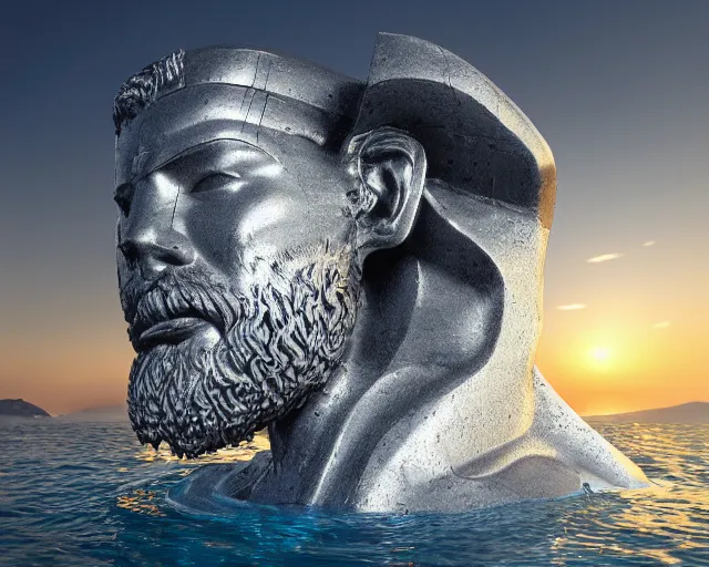 Image similar to a giant abstract sculpture of a legendary greek warrior god on the water, in the style of chad knight, award winning, cinematic, hyper - realistic, very detailed, realistic water splashes, ray tracing, 8 k resolution, long - shot, sharp focus, low angle, 8 5 mm photograph, wide lens