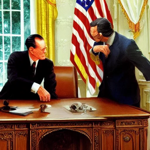 Image similar to walter kronkite slapping president richard nixon in the oval office, highly detailed, elegant, an oil painting by ross tran and thomas kincade, realistic lighting,