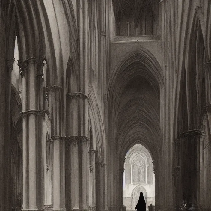 Image similar to woman in black robes, back to us, in magnificent cathedral like structure that sell fruit, artstation, art by edward hopper, zdislav beksinski, wayne barlowe, edward hopper