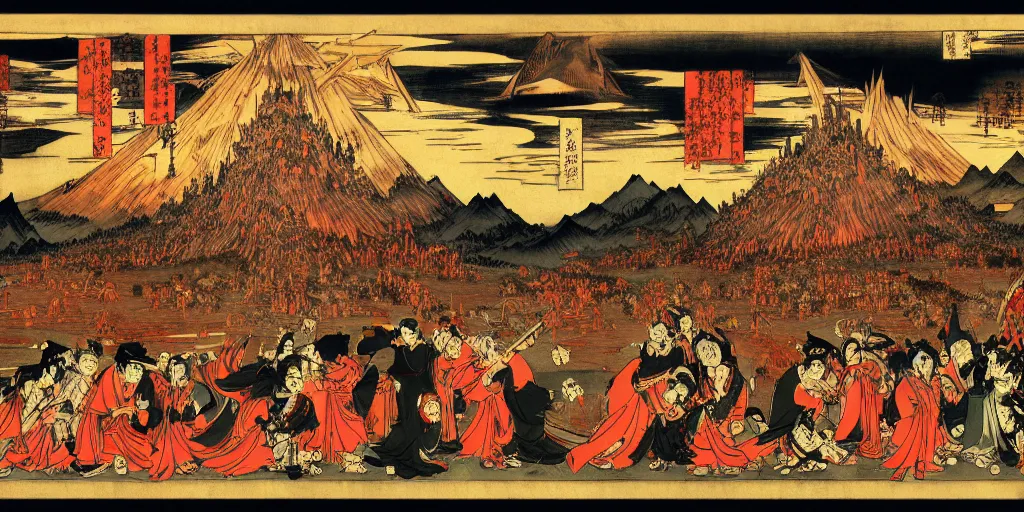 Image similar to Dante's Inferno, by Utagawa Kuniyoshi, dramatic lighting, high contrast colors, panoramic view, as trending on Artstation,