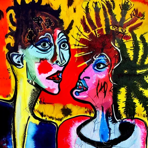 Prompt: watercolor painting of two bizarre psychedelic goth women kissing each other closeup in a cafe in spain, speculative evolution, mixed media collage by basquiat and jackson pollock, maximalist magazine collage art, sapphic art, lesbian art, chemically damaged