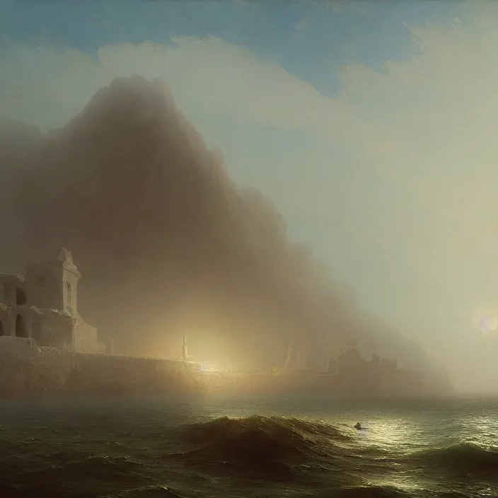 Image similar to a beautiful painting of ruins on the sea by ivan aivazovsky and zdzisław beksinski and rene magritte and greg rutkowski and james gurney, in style of digital art. hyper detailed, sharp focus, soft light. octane render. ray tracing. trending on artstation