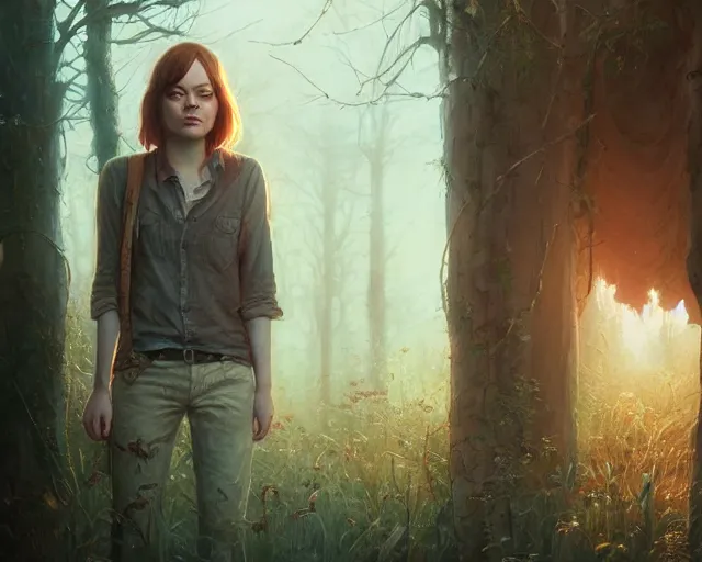 Image similar to highly detailed portrait of emma stone, in the walking dead, stephen bliss, unreal engine, fantasy art by greg rutkowski, loish, rhads, ferdinand knab, makoto shinkai and lois van baarle, ilya kuvshinov, rossdraws, tom bagshaw, global illumination, radiant light, detailed and intricate environment