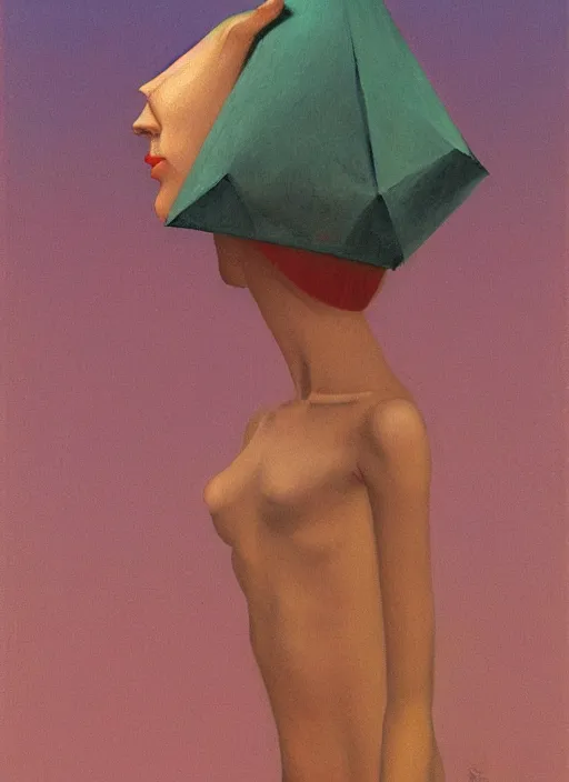 Prompt: isometric woman in paper bag over the head and a sward Edward Hopper and James Gilleard, Zdzislaw Beksinski, highly detailed