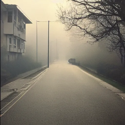 Image similar to Beautiful cameraphone, soft liminal Photograph of an estate road, early morning, small apartment