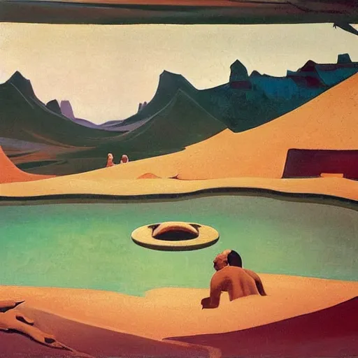 Image similar to a oil painting of a harem pool in a desertic landscape surrounded by mountain, stylised storm, by nicholas roerich, by frank frazetta by georgia o keeffe by frederick william elwell, by hans emmenegger, by eyvind earle highly detailed, realistic, outline, line work, fantasy, oriental, stylised flat colors, animation