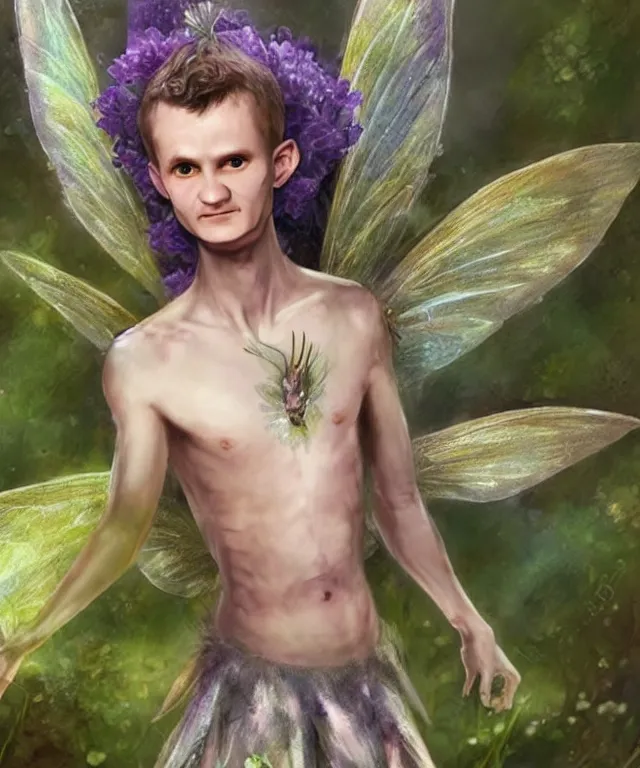 Prompt: Vitalik Buterin as a fairy faerie, beautiful face, fantasy concept art by J.Dickenson