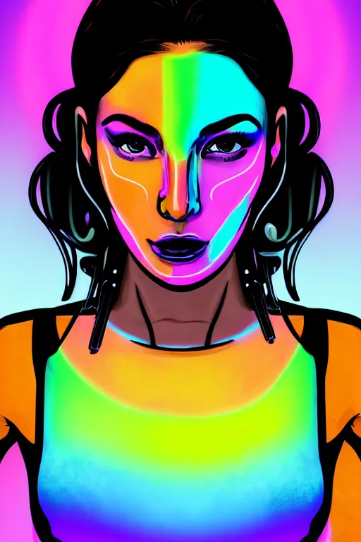 Image similar to a award winning half body portrait of a beautiful woman with stunning eyes in a croptop and cargo pants with smoky hair in rainbow colors, outlined by whirling illuminated neon lines, outrun, vaporware, shaded flat illustration, digital art, trending on artstation, highly detailed, fine detail, intricate