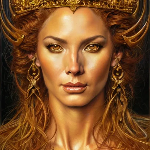 Image similar to highly detailed portrait of a majestic lioness queen in the form of a beautiful woman. d & d. art by donato giancola, brian bolland, ruan jia, alberto vargas. trending on artstation, intricate details, energetic composition, golden ratio, concept art, illustration, elegant art, global illuminaition