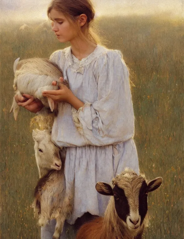 Image similar to portrait of peasant girl holding goat in her hands, cottage core, cinematic focus, polaroid photo bleached vintage pastel colors high - key lighting, soft lights, foggy, by steve hanks, by lisa yuskavage, by serov valentin, by tarkovsky, 8 k render, detailed, oil on canvas