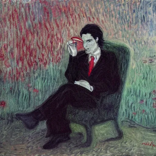 Image similar to a vampire quitting drinking blood and starts watching tv by monet