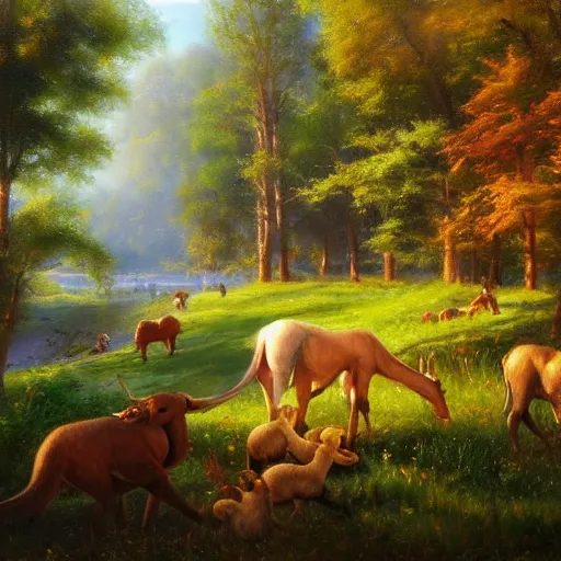 Prompt: Serene landscape with animals by Mark Keathley, 4k, artstation, HD,