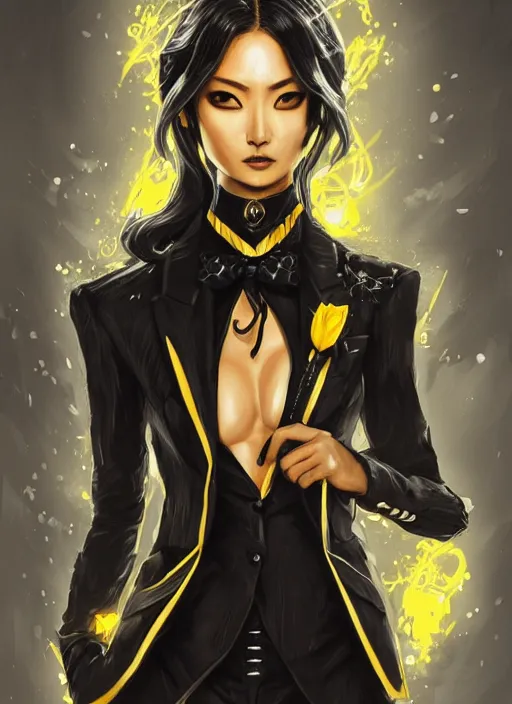 Prompt: a highly detailed illustration of meisa kuroki wearing black suit and tie with coattails, yellow eyes, dramatic pose, intricate, elegant, highly detailed, centered, digital painting, artstation, concept art, smooth, sharp focus, league of legends concept art, wlop.