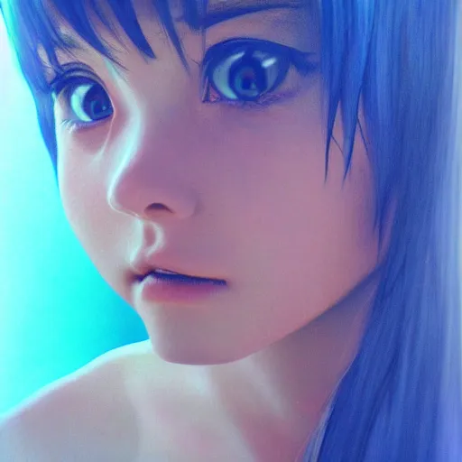 Image similar to (anime girl), blue ((symmetric)) eyes 24yo, studio, 35mm, soft artistic filter, annie leibowit