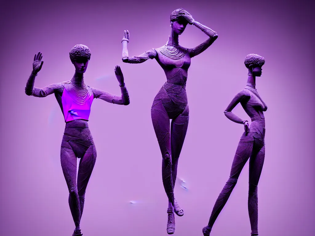 Image similar to beautiful mannequin sculpted out of amethyst by billelis + lit with purple 3 d geometric neon + chrome geometric cubed bonsai plants!!!!, doorway opening with neon pink geometric light, clean linework, dramatic, finely detailed, rule of thirds, moody, confident, award winning, 4 k, trending on artstation, photorealistic, volumetric lighting, octane render