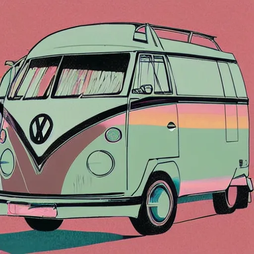 Image similar to illustration of an old van volkswagen, may 6 8, pastel colors, cool, hippie by victo ngai