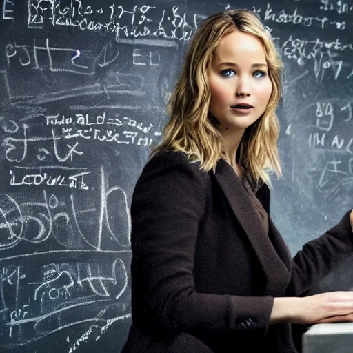 Prompt: the first still from the professor, directed by christopher nolan, shows jennifer lawrence at a chalkboard, 4 k