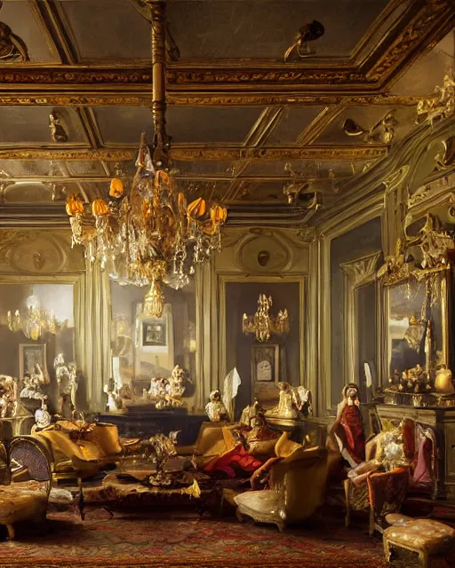 Image similar to realist rococo painting of a 1 9 2 0 s party in a beautiful mansion, vaulted ceiling, many partygoers, strong contrast, unreal engine, hyper realism, realistic shading, cinematic composition, realistic render, octane render, detailed textures, photorealistic, ultrawide shot, 3 5 mm film